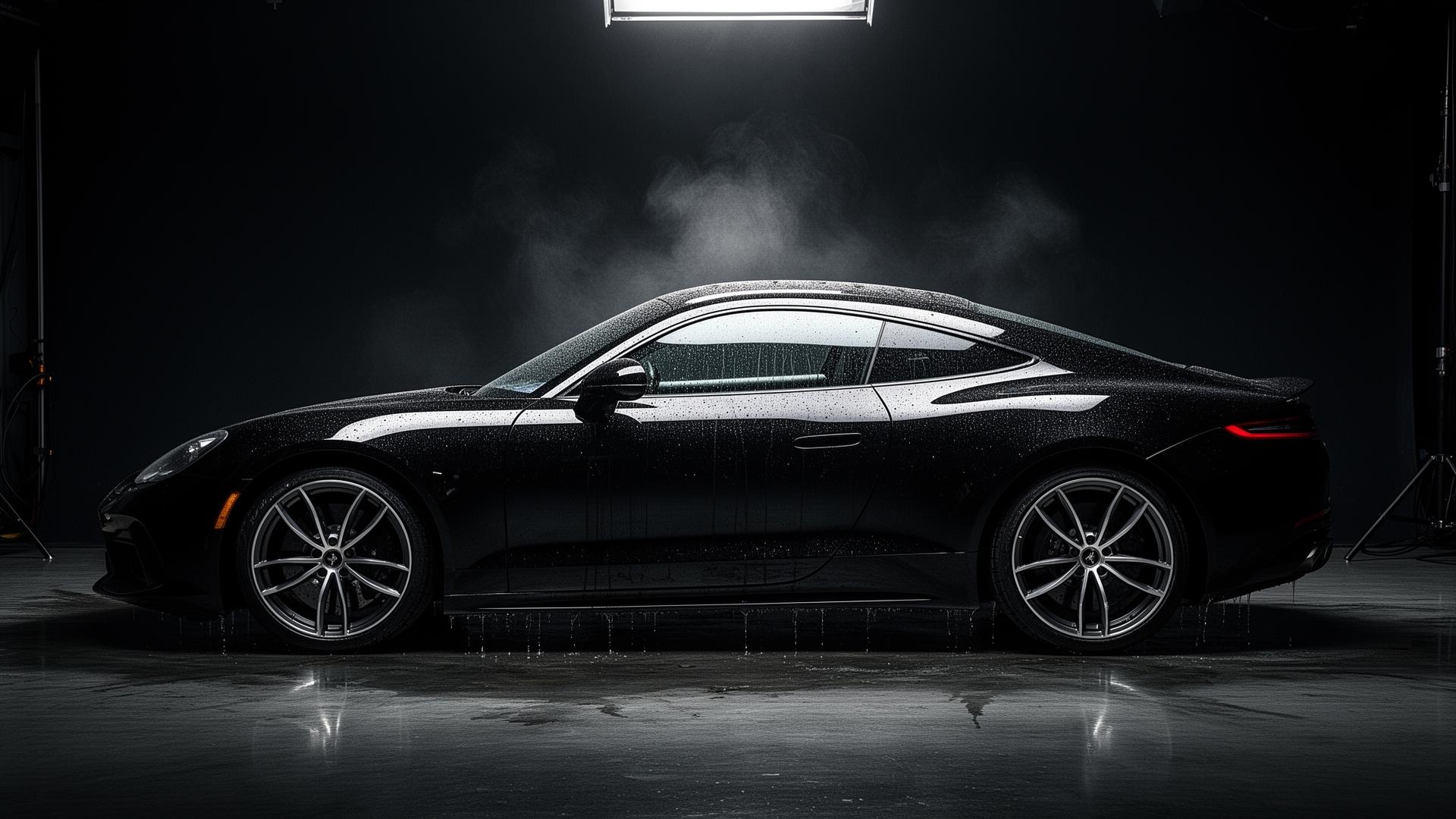 Detailed black sports car under studio lighting